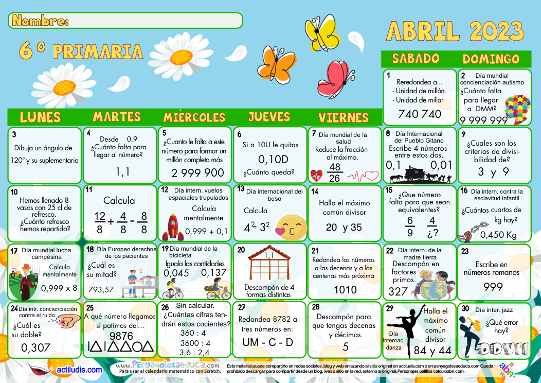 Calendario Matemático Para El Tercer Ciclo De Primaria Abril 2023 Actiludis